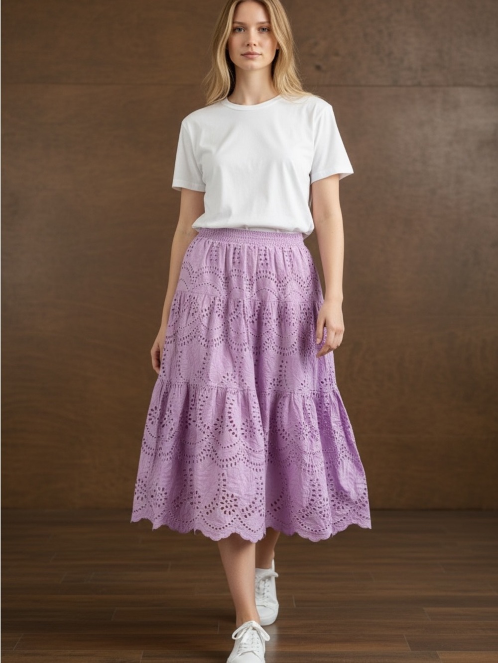 Aqua Lilac Eyelet Tiered Midi Skirt - Women’s Size Medium Cotton
